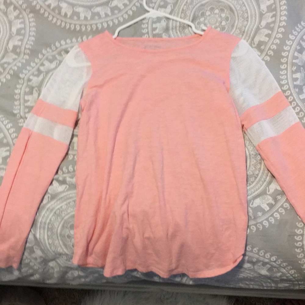 Long coral peach white fishnet shirt